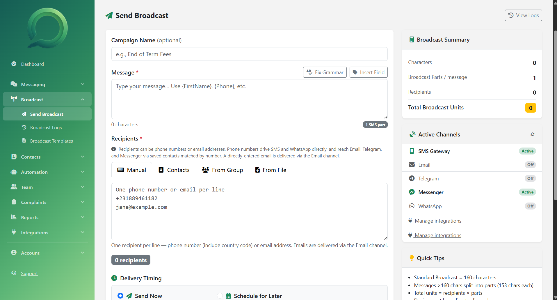 Send Broadcast composer with personalisation tokens, recipient sources, active channels and live broadcast summary